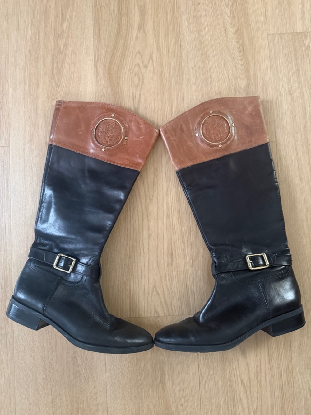 Vince Camuto Black Leather Over-the-Knee Boots with Brown Cuff